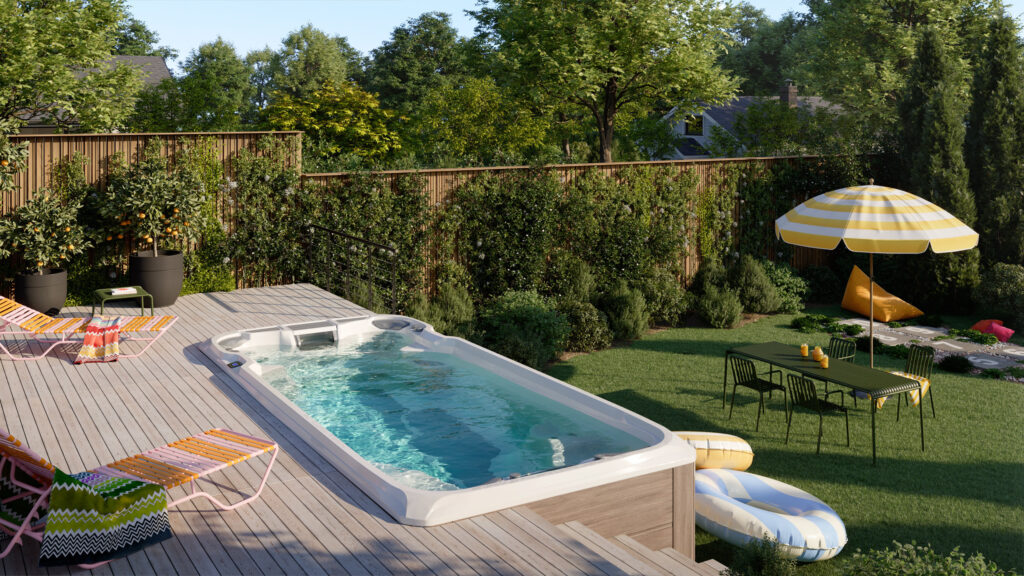 swim spa przy tarasie, częściowo zagłębione